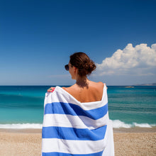 Cargar imagen en el visor de la galería, Toalla de Alberca Listada Azul Con Blanco 100% Algodón, 200 x 100 cm, 8 piezas