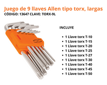 Cargar imagen en el visor de la galería, Juego De 9 Llaves Allen Tipo Torx, Largas Truper